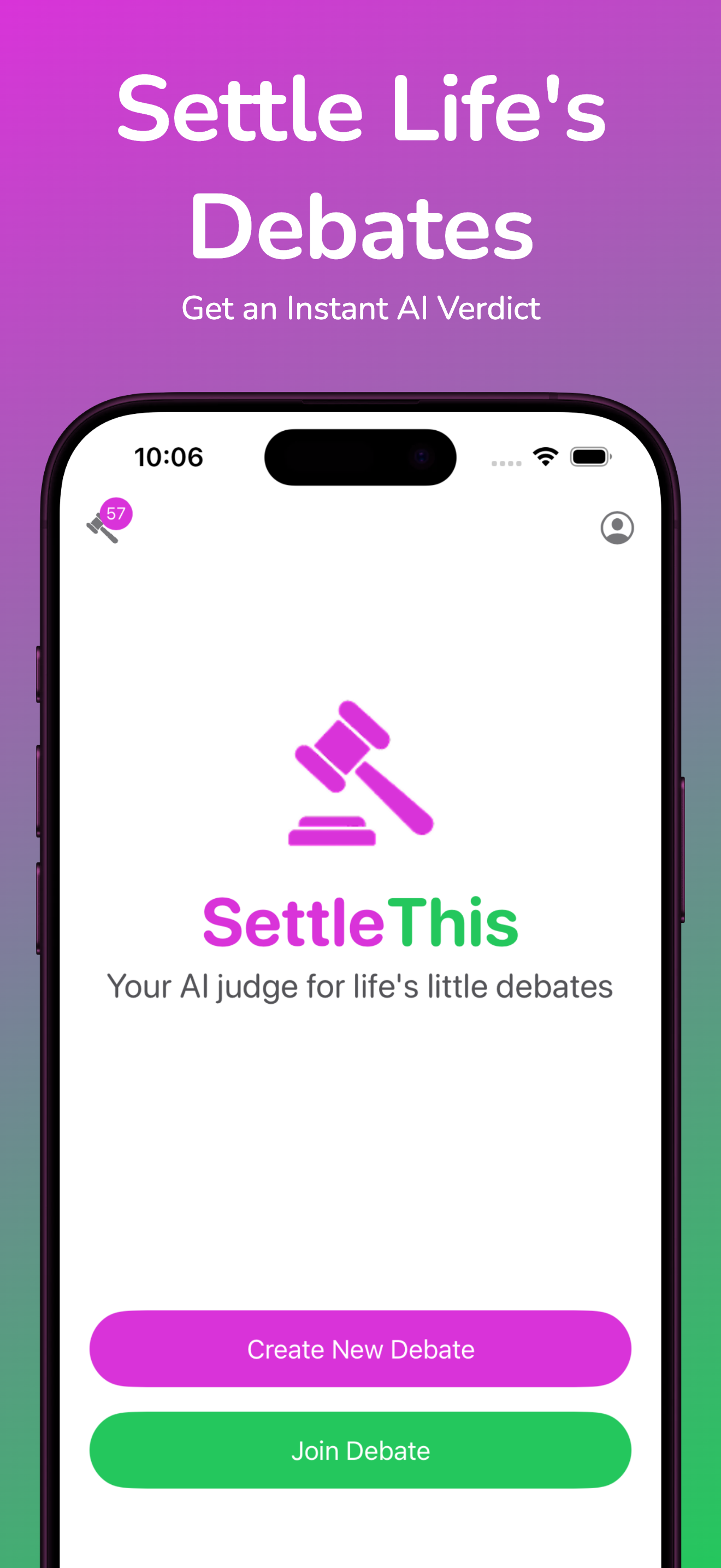 SettleThis Welcome Screen showing app logo and tagline